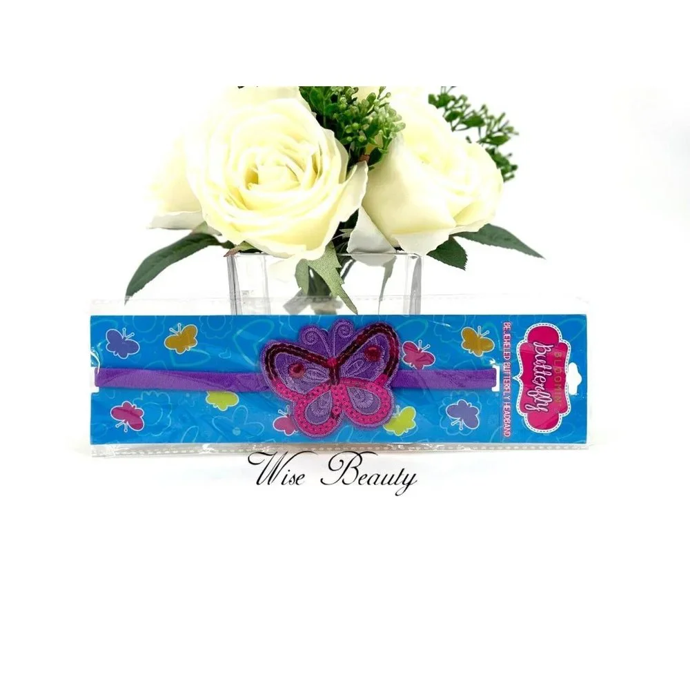 NEW Girl’s Butterfly Headband Non-Slip Purple Pink Sparkle Sequin Stretch